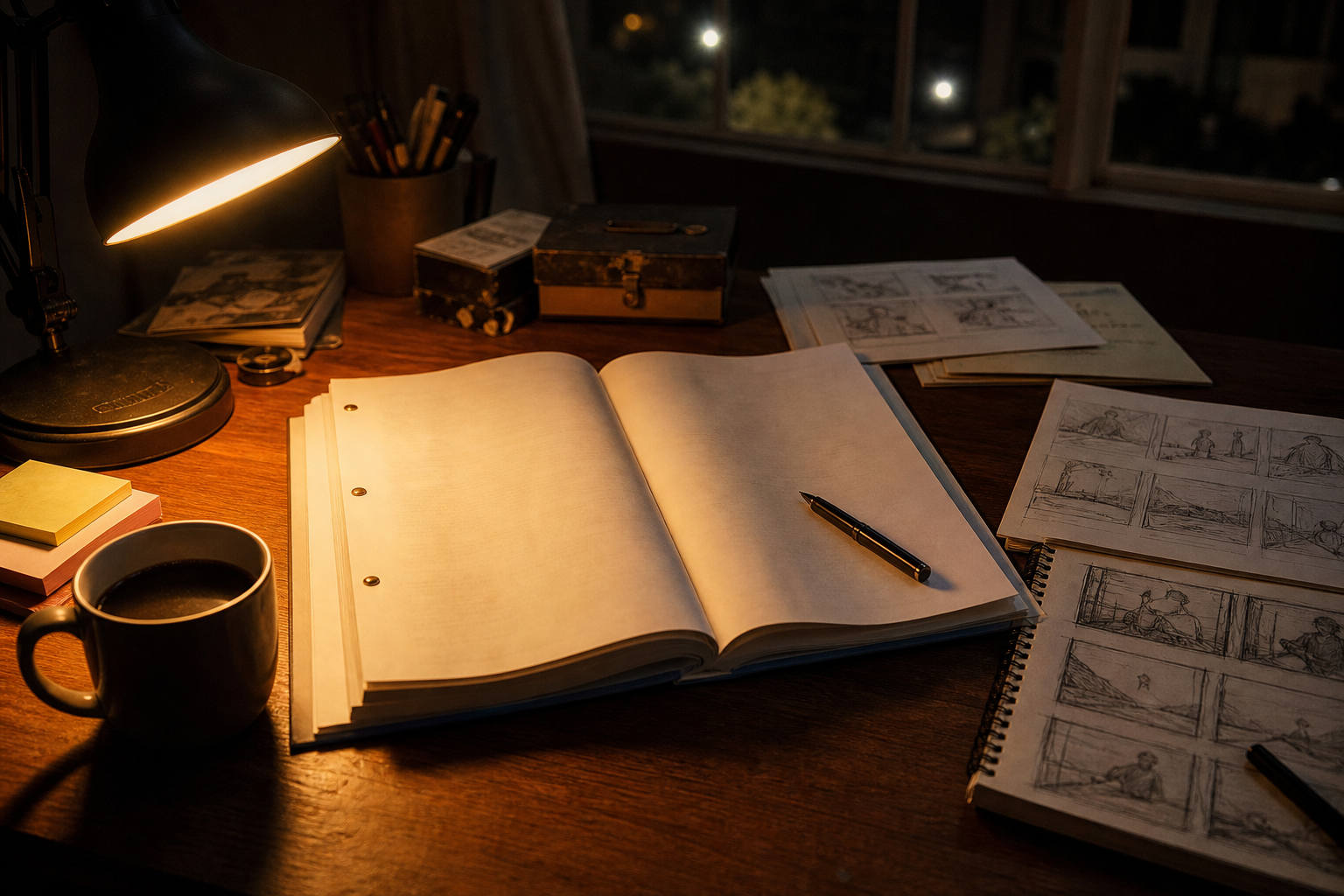 Scrivania con sceneggiatura e storyboard