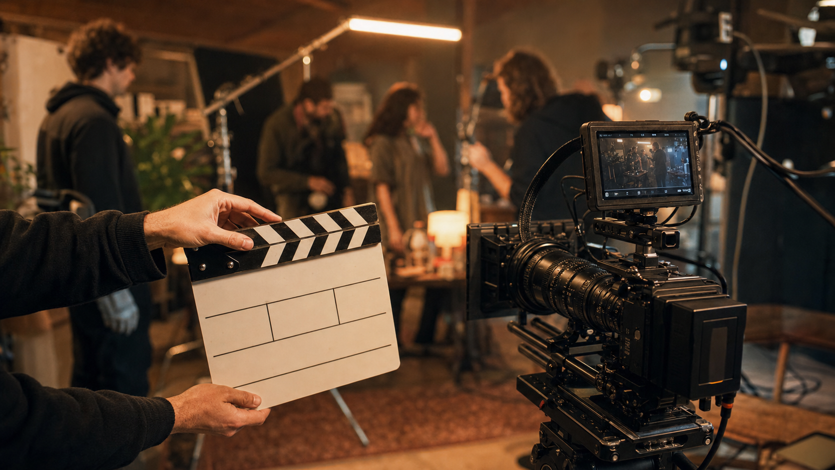 Set di un cortometraggio con ciak e troupe